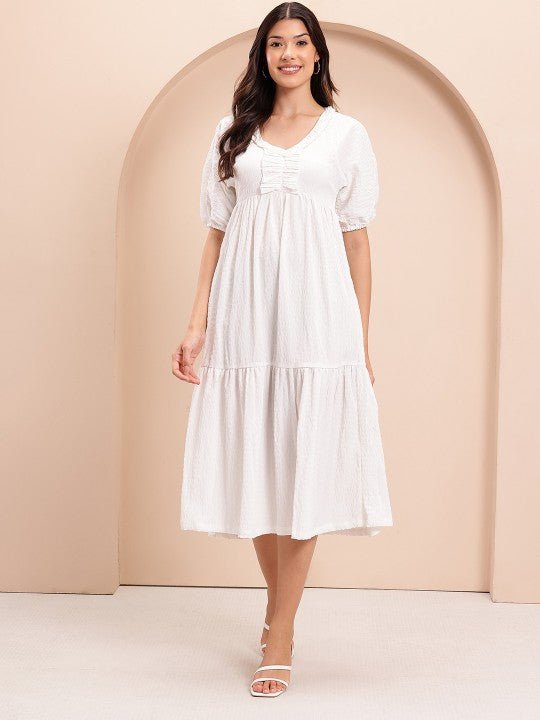 Crinkled Puff Sleeve A - Line Midi Dress - madhunistore