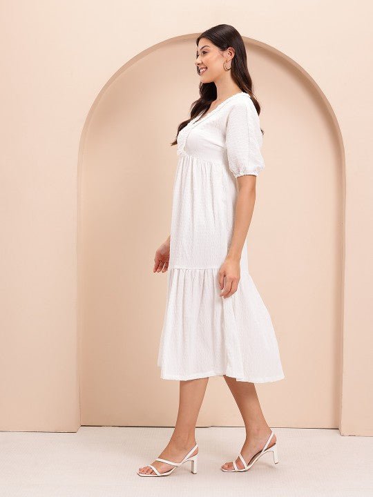Crinkled Puff Sleeve A - Line Midi Dress - madhunistore