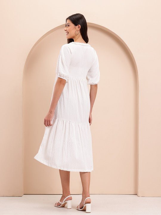 Crinkled Puff Sleeve A - Line Midi Dress - madhunistore