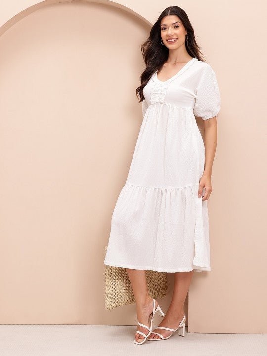 Crinkled Puff Sleeve A - Line Midi Dress - madhunistore