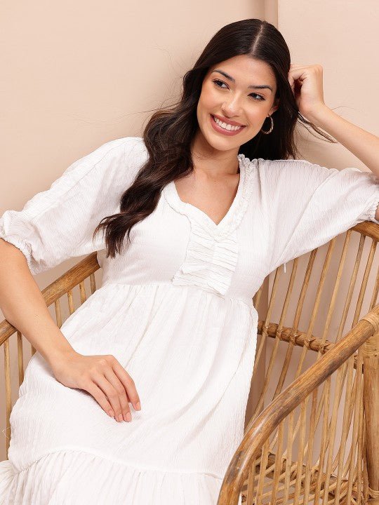 Crinkled Puff Sleeve A - Line Midi Dress - madhunistore