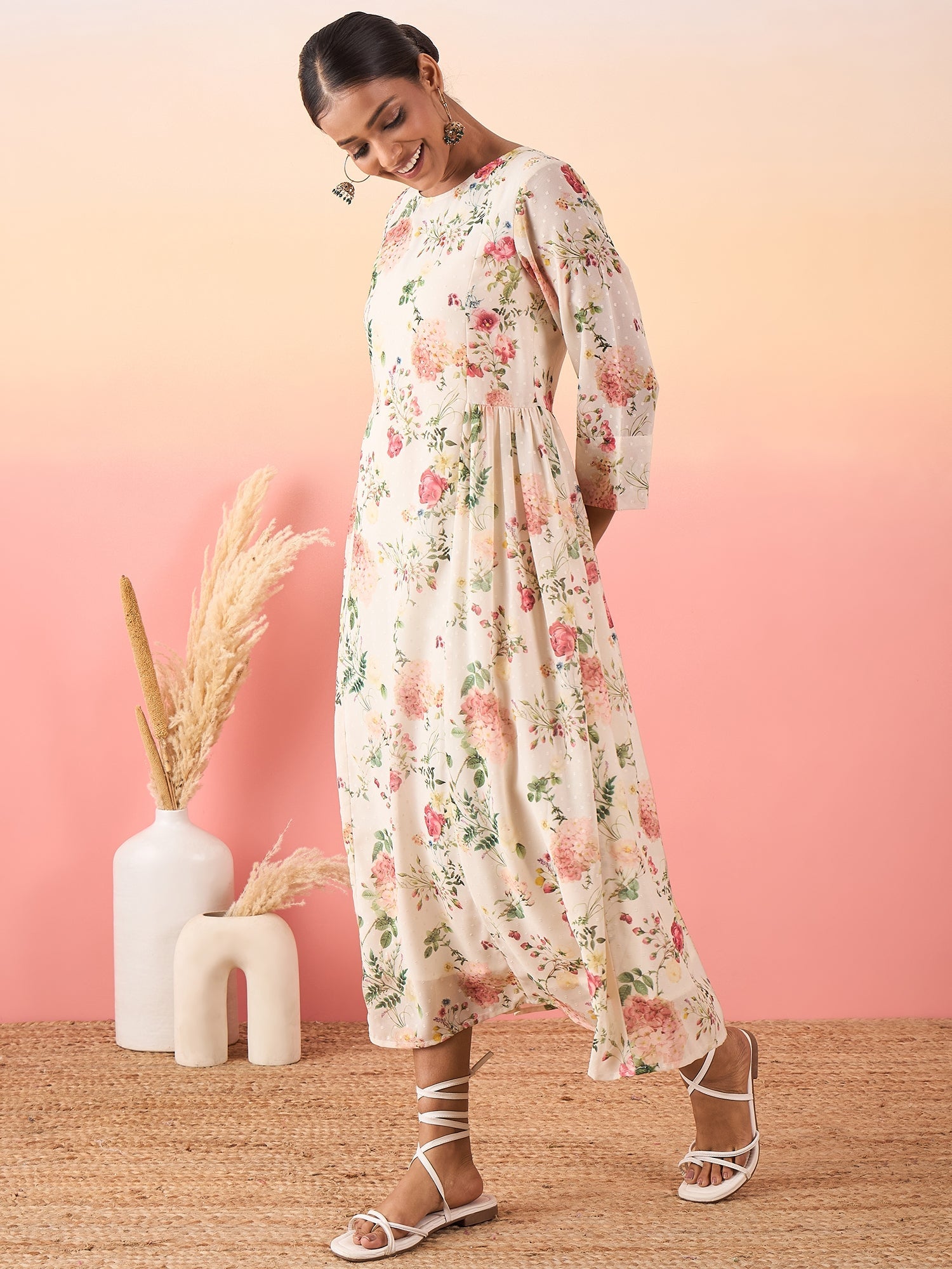 Floral Printed Boat Neck Beads and Stones Empire Georgette A - Line Kurta - madhunistore