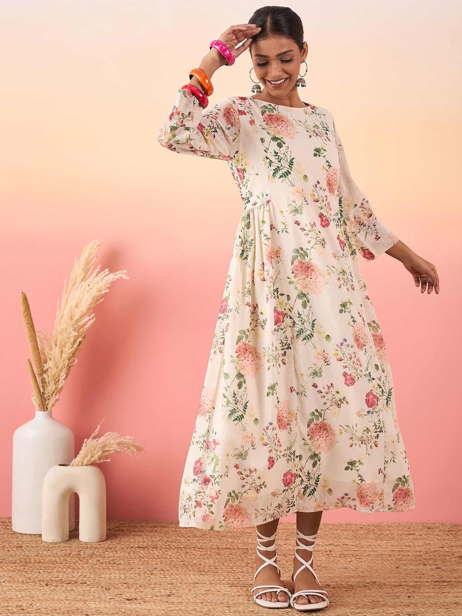 Floral Printed Boat Neck Beads and Stones Empire Georgette A - Line Kurta - madhunistore