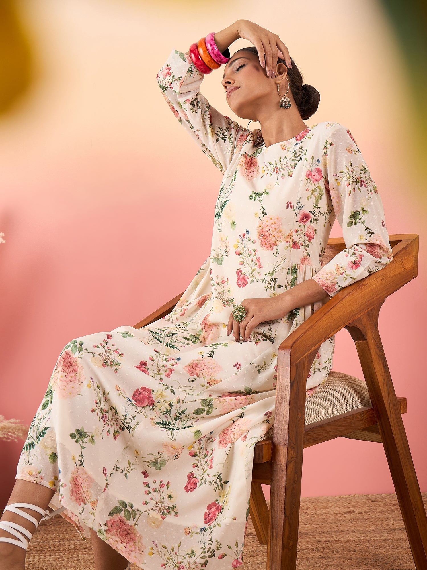Floral Printed Boat Neck Beads and Stones Empire Georgette A - Line Kurta - madhunistore