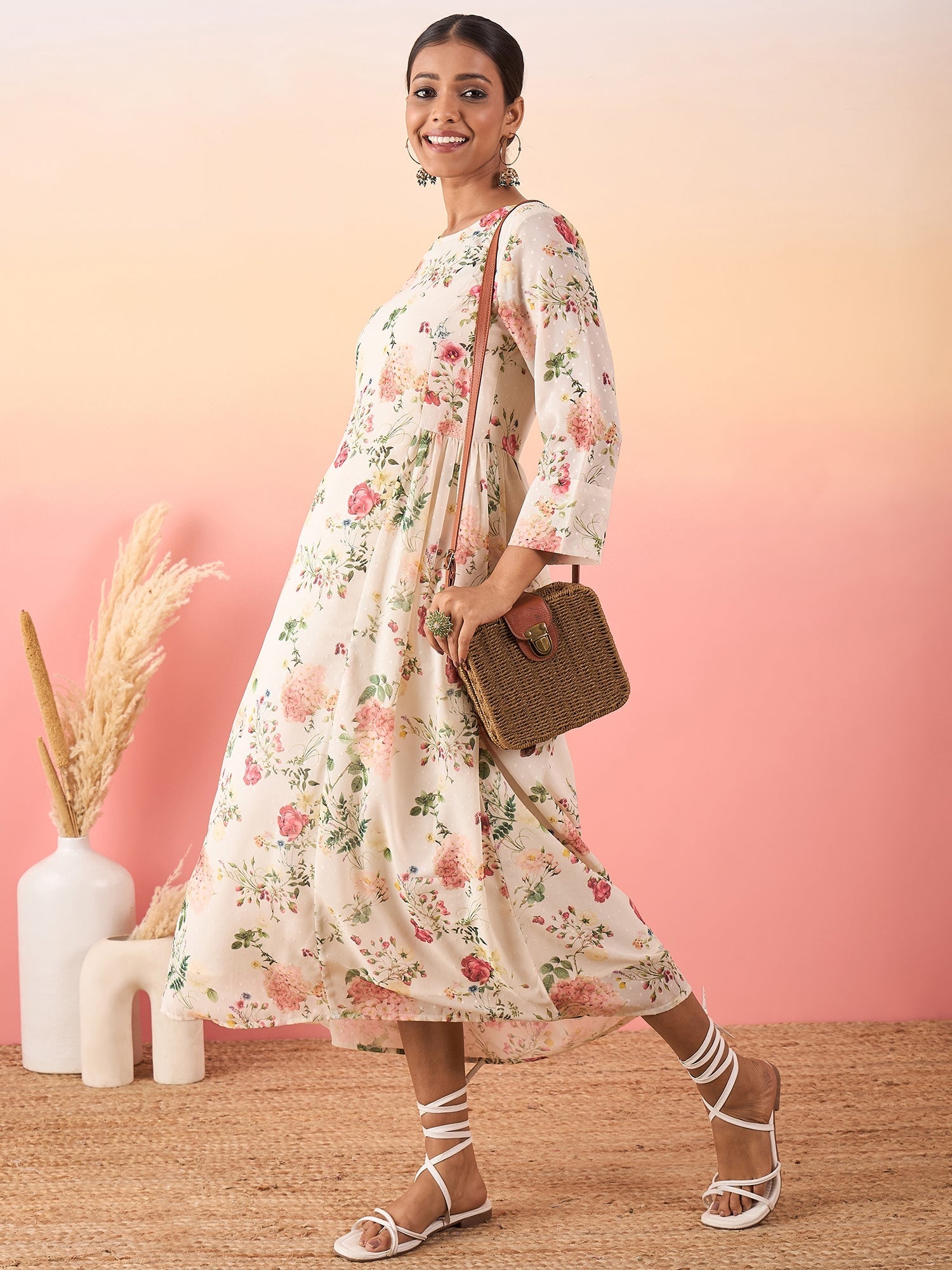 Floral Printed Boat Neck Beads and Stones Empire Georgette A - Line Kurta - madhunistore