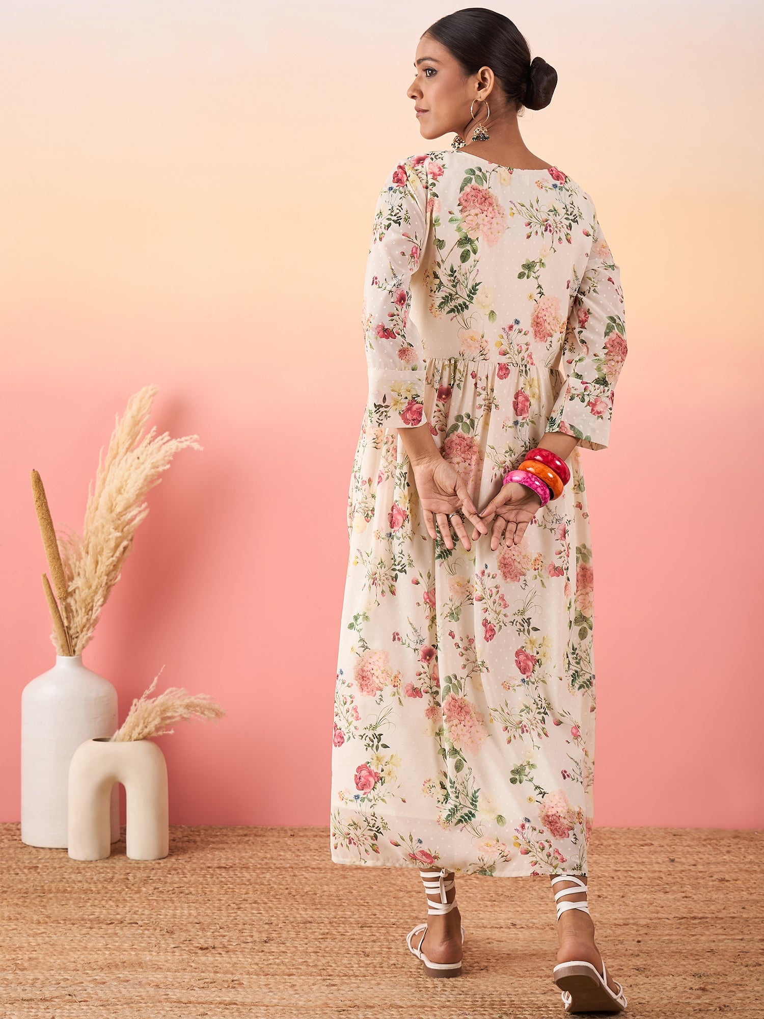 Floral Printed Boat Neck Beads and Stones Empire Georgette A - Line Kurta - madhunistore
