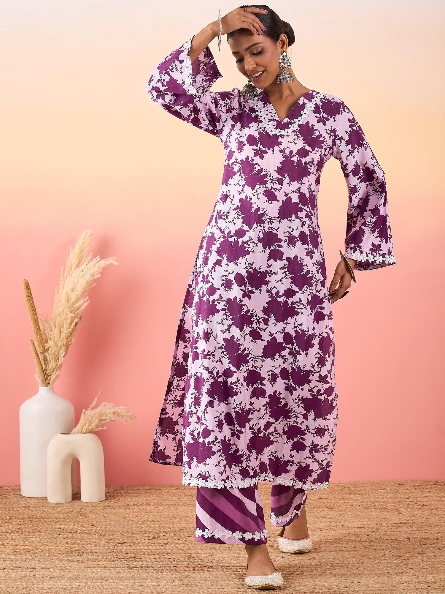 Floral Printed Regular Embroidered Kurta with Palazzos - madhunistore
