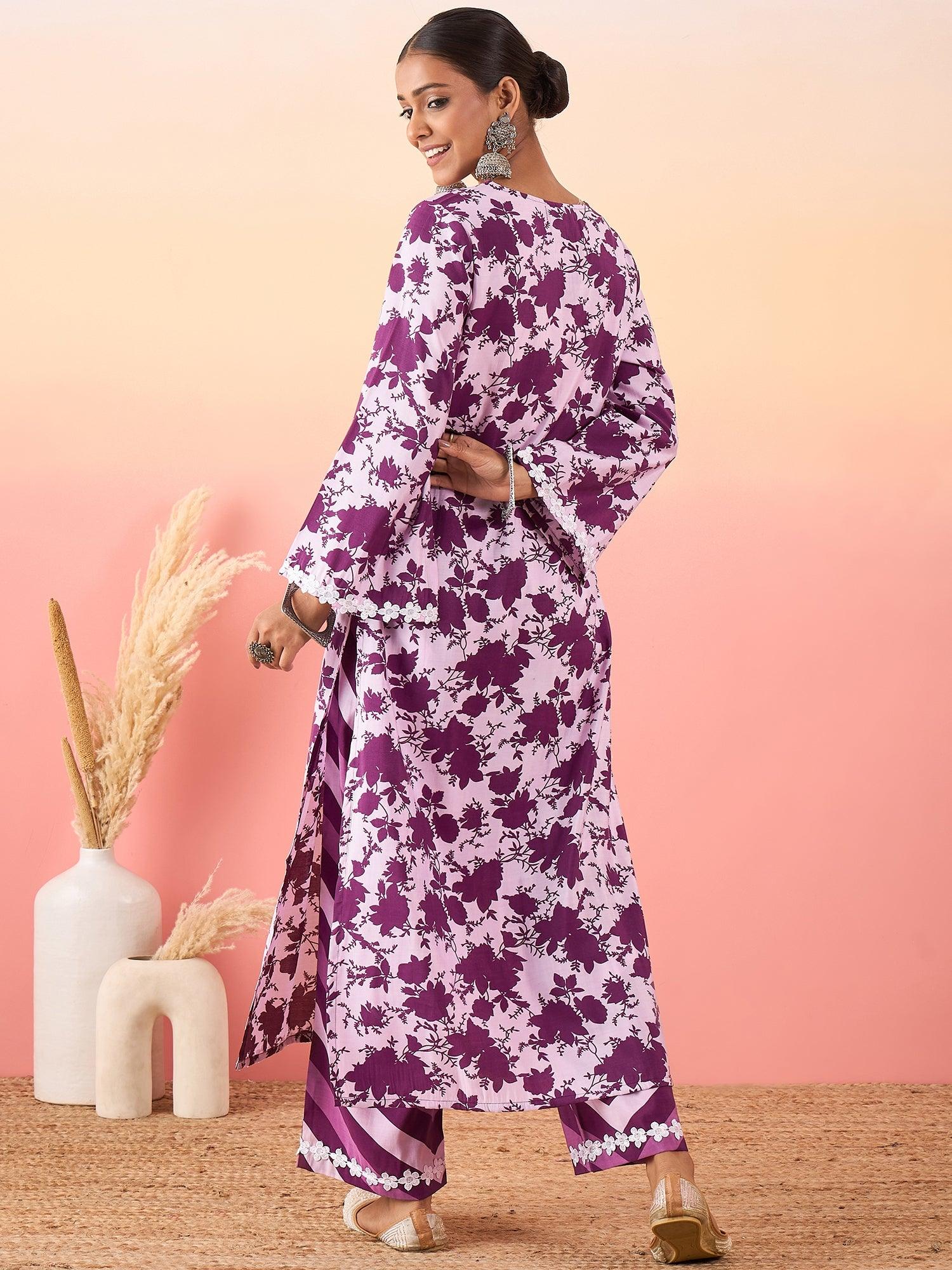 Floral Printed Regular Embroidered Kurta with Palazzos - madhunistore