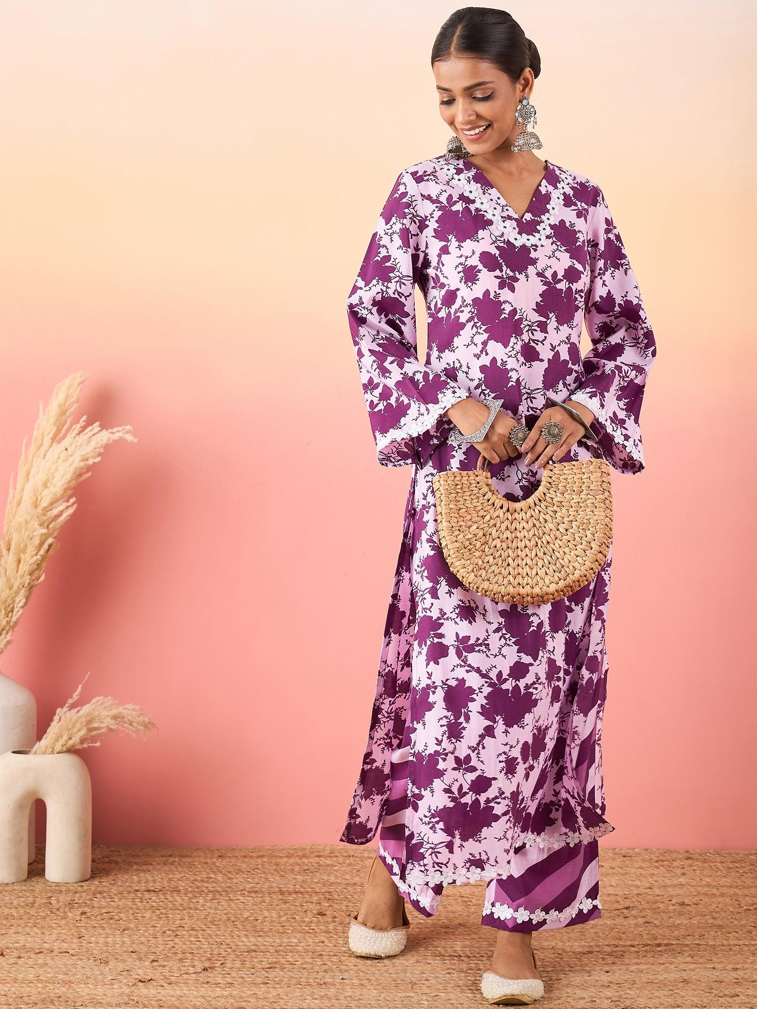 Floral Printed Regular Embroidered Kurta with Palazzos - madhunistore