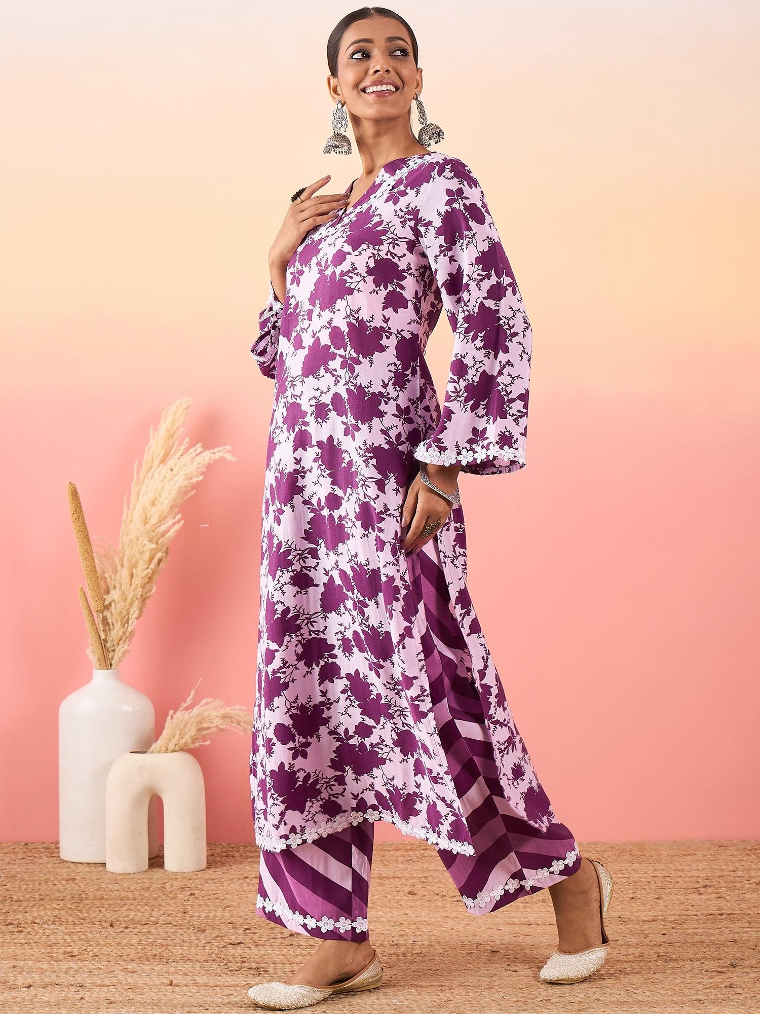 Floral Printed Regular Embroidered Kurta with Palazzos - madhunistore