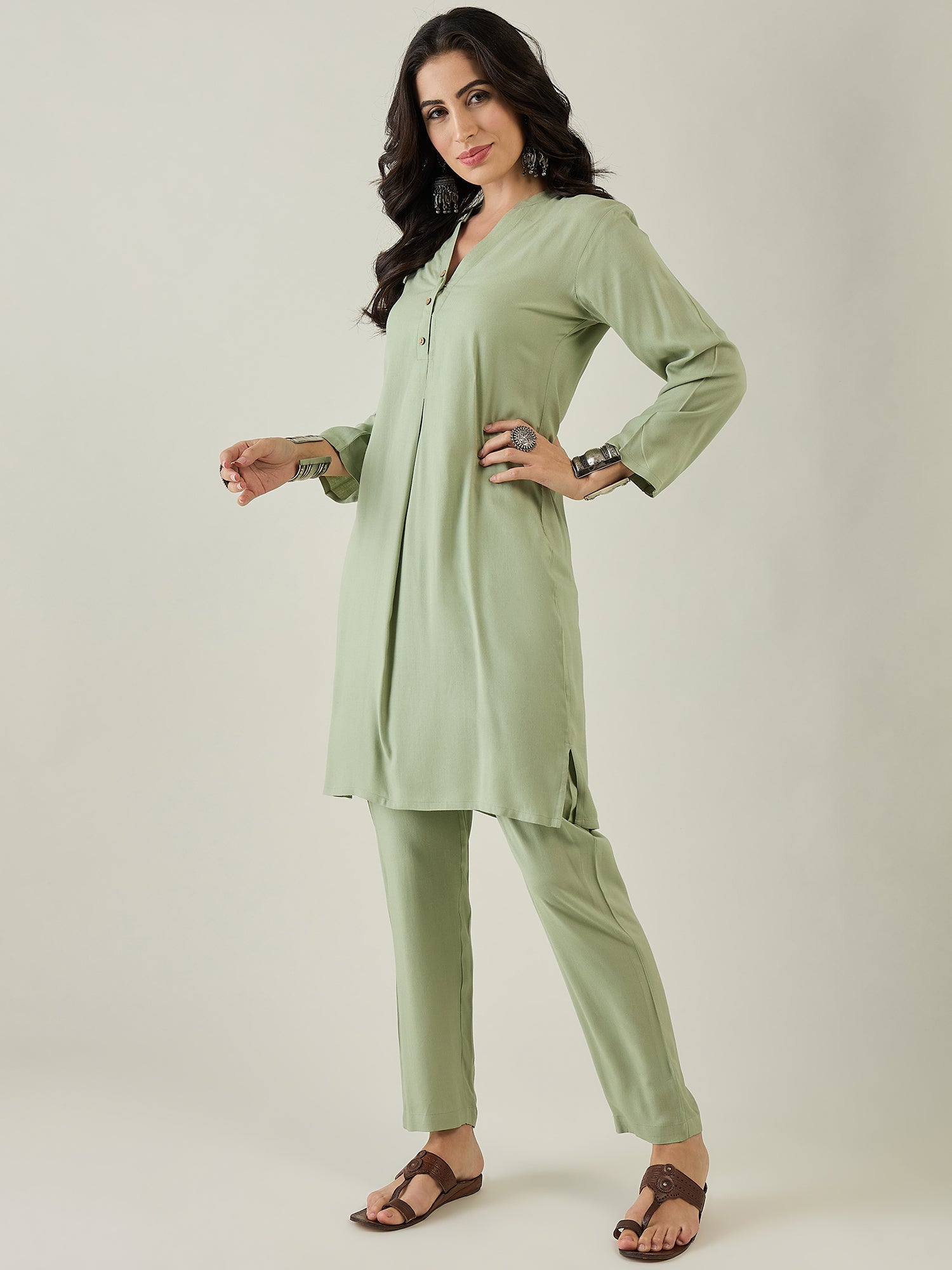 Mandarin Collar A - Line Kurta With Trouser - madhunistore