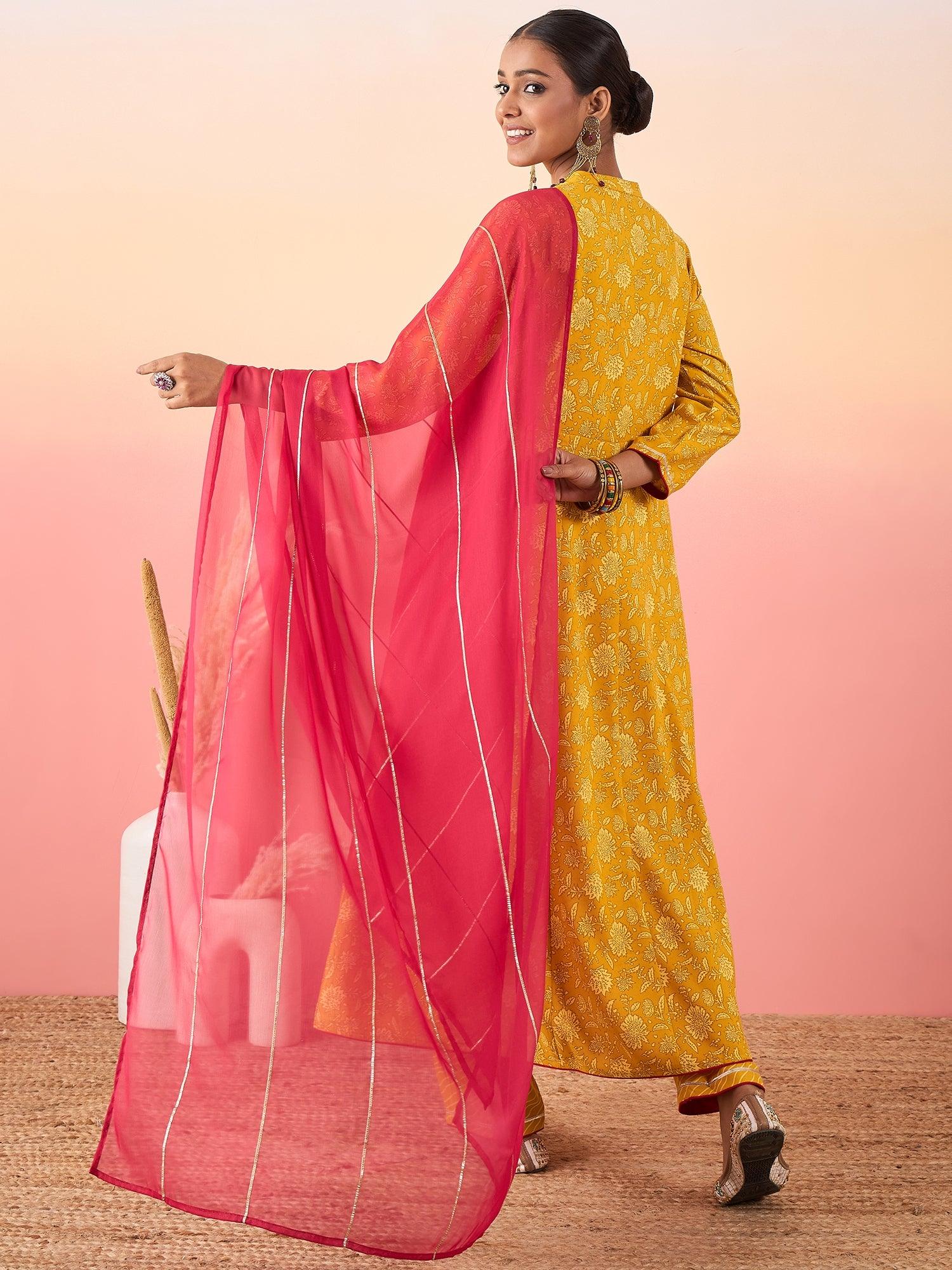 Women Anarkali Shape Printed Kurta with Palazzo & Dupatta - madhunistore