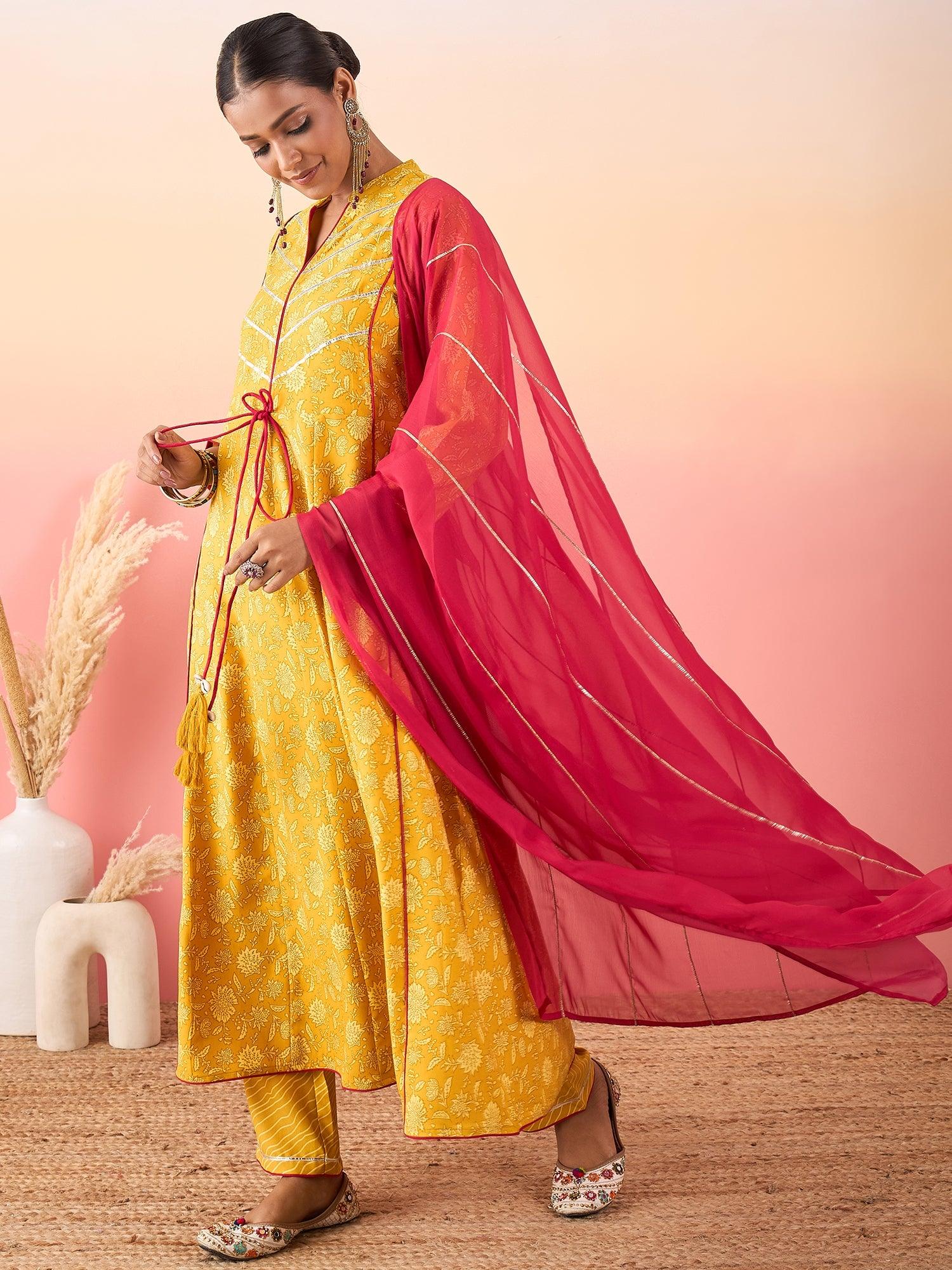 Women Anarkali Shape Printed Kurta with Palazzo & Dupatta - madhunistore