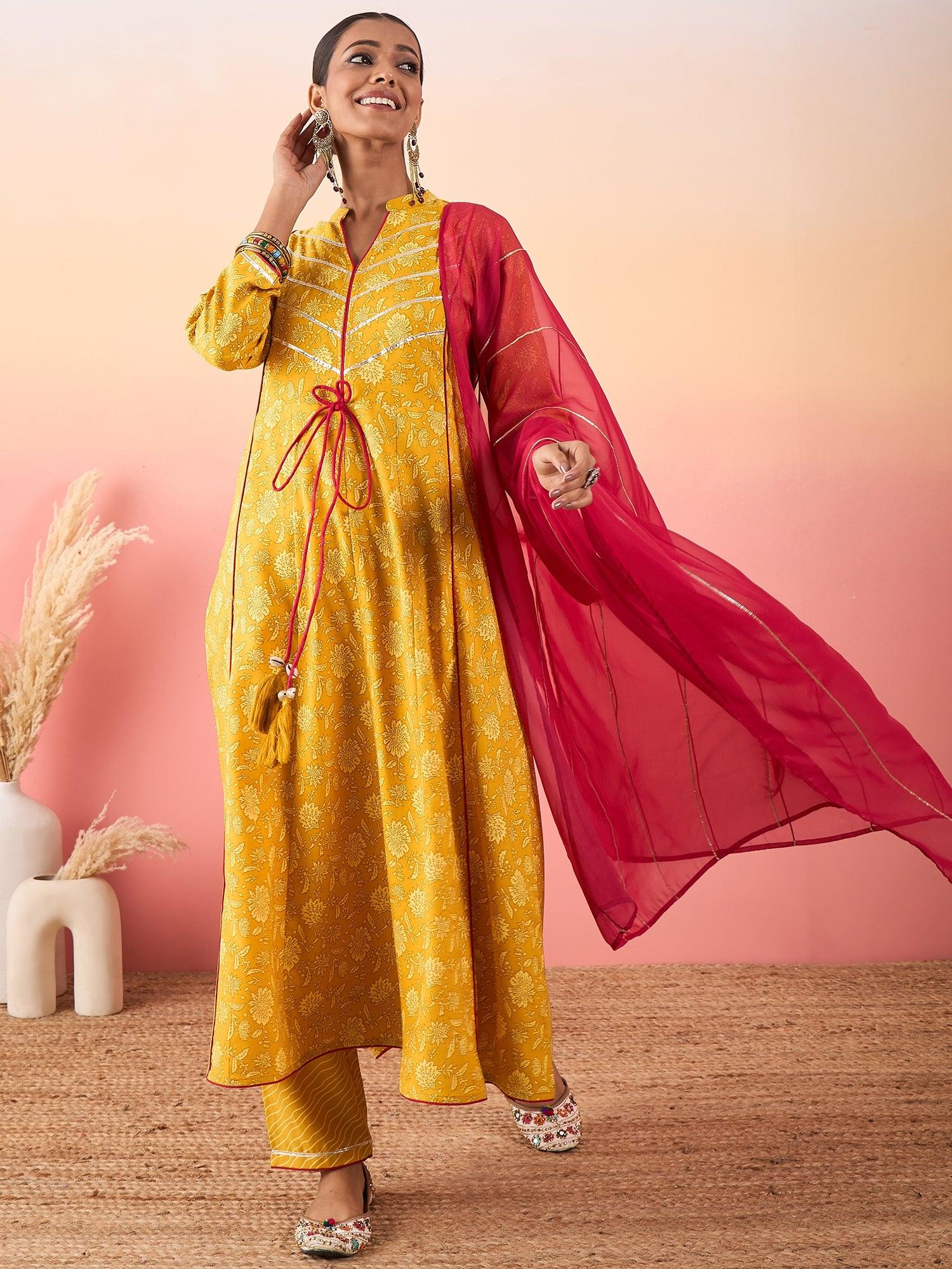 Women Anarkali Shape Printed Kurta with Palazzo & Dupatta - madhunistore