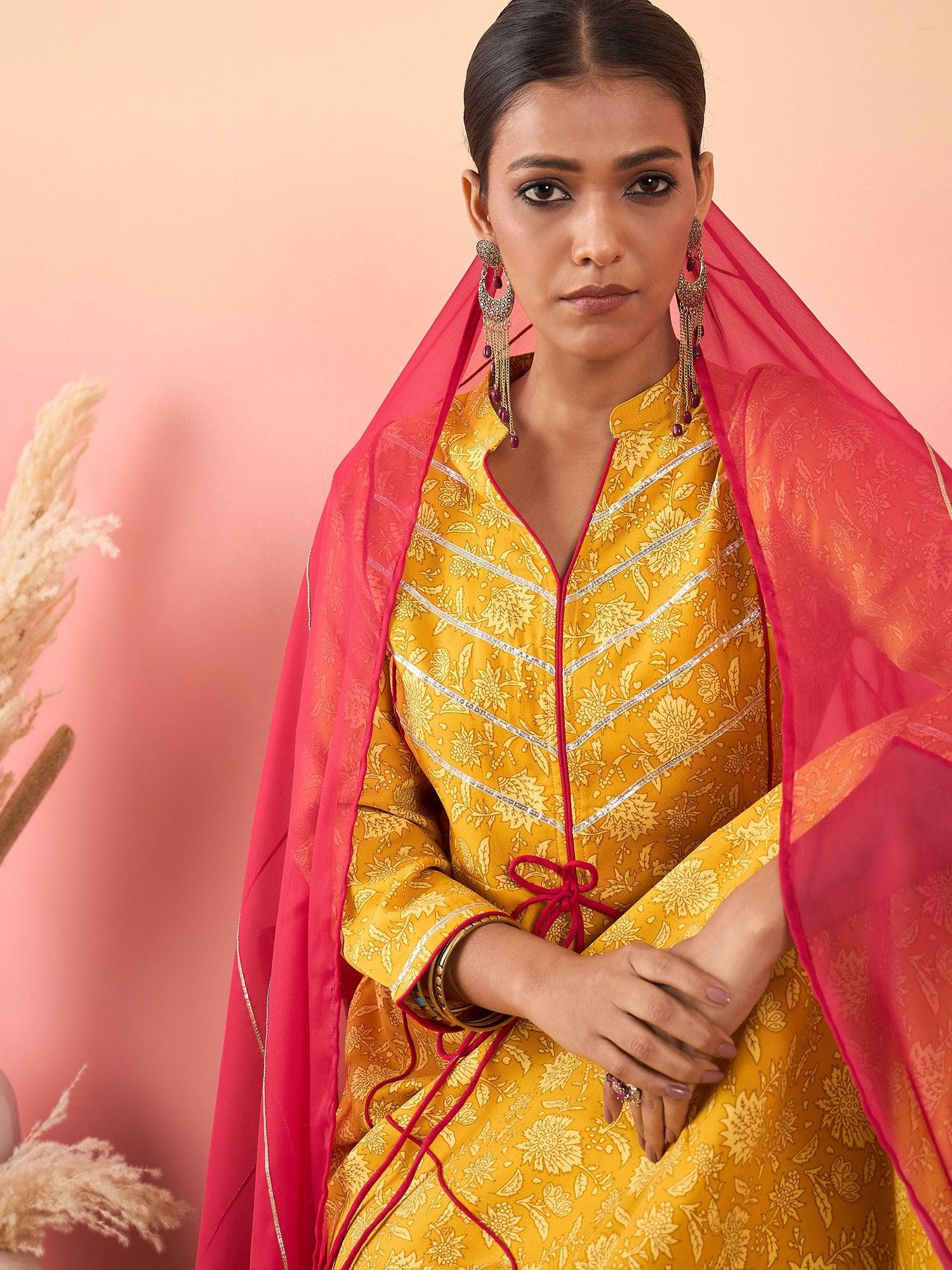 Women Anarkali Shape Printed Kurta with Palazzo & Dupatta - madhunistore