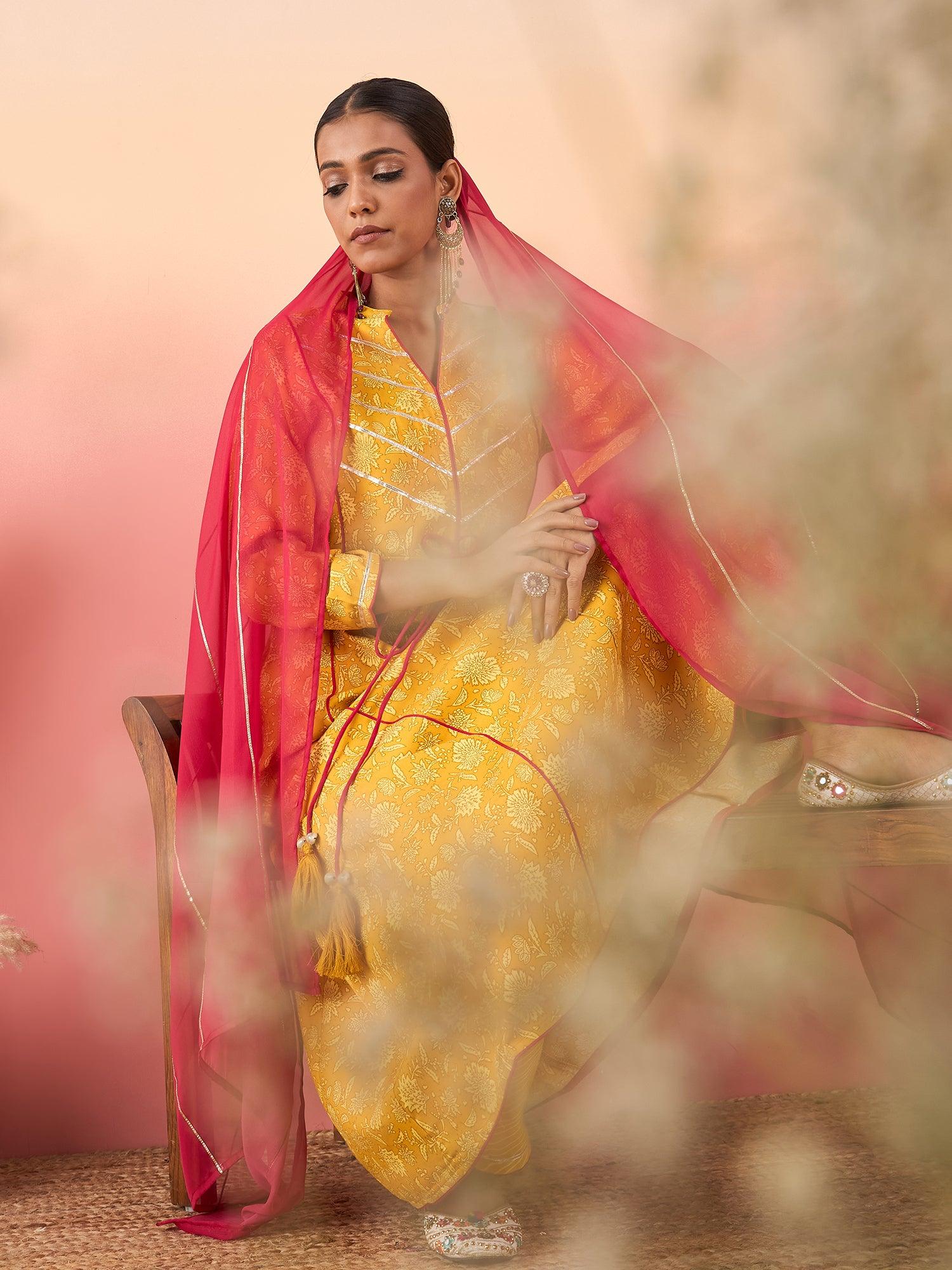 Women Anarkali Shape Printed Kurta with Palazzo & Dupatta - madhunistore