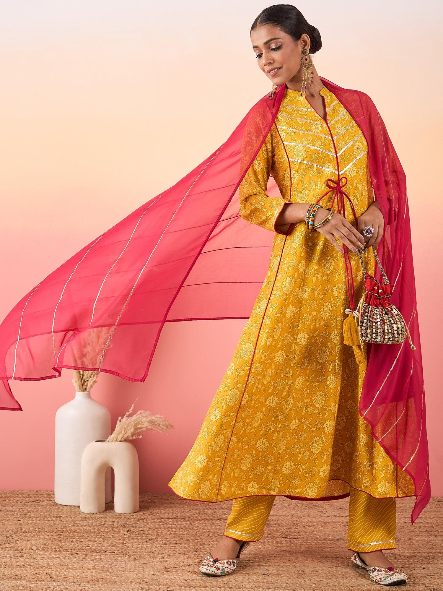 Women Anarkali Shape Printed Kurta with Palazzo & Dupatta - madhunistore