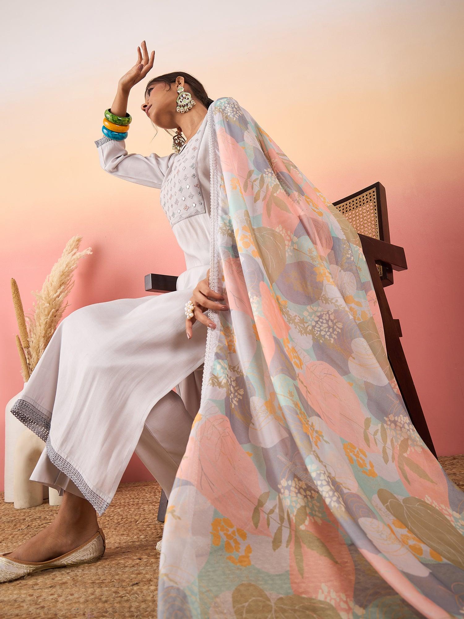 Women Embroidered Silk Blend A - Line Kurta With Pant & Printed Dupatta - madhunistore