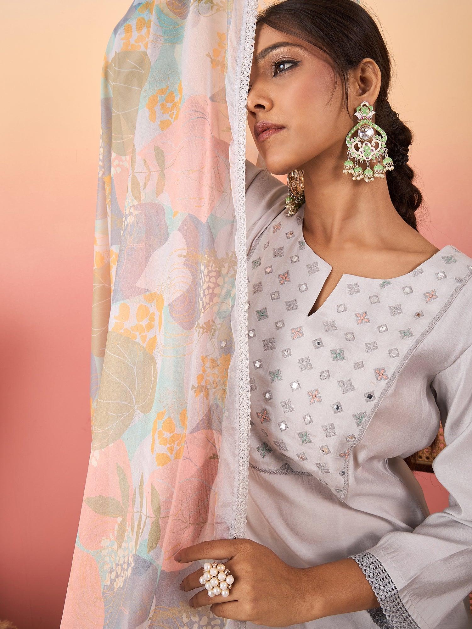 Women Embroidered Silk Blend A - Line Kurta With Pant & Printed Dupatta - madhunistore