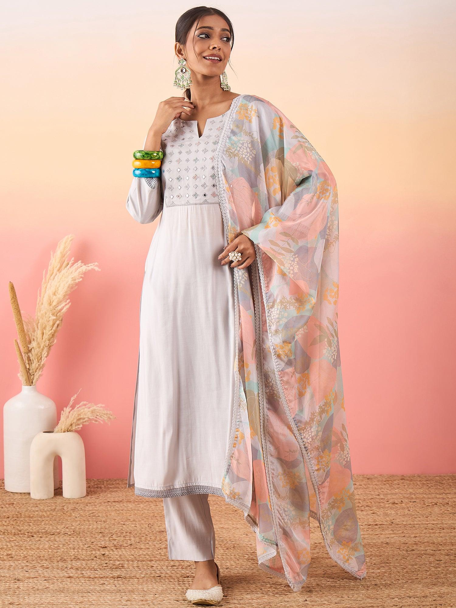 Women Embroidered Silk Blend A - Line Kurta With Pant & Printed Dupatta - madhunistore
