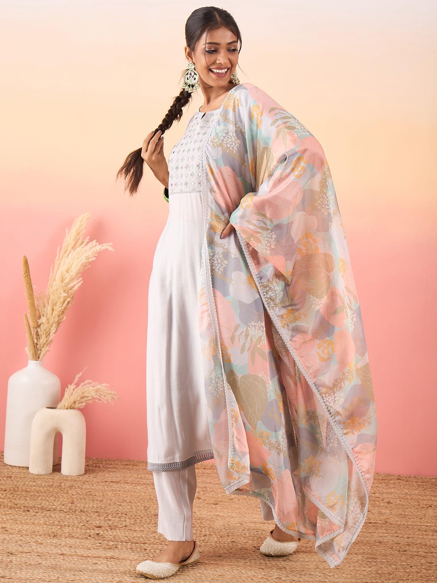 Women Embroidered Silk Blend A - Line Kurta With Pant & Printed Dupatta - madhunistore