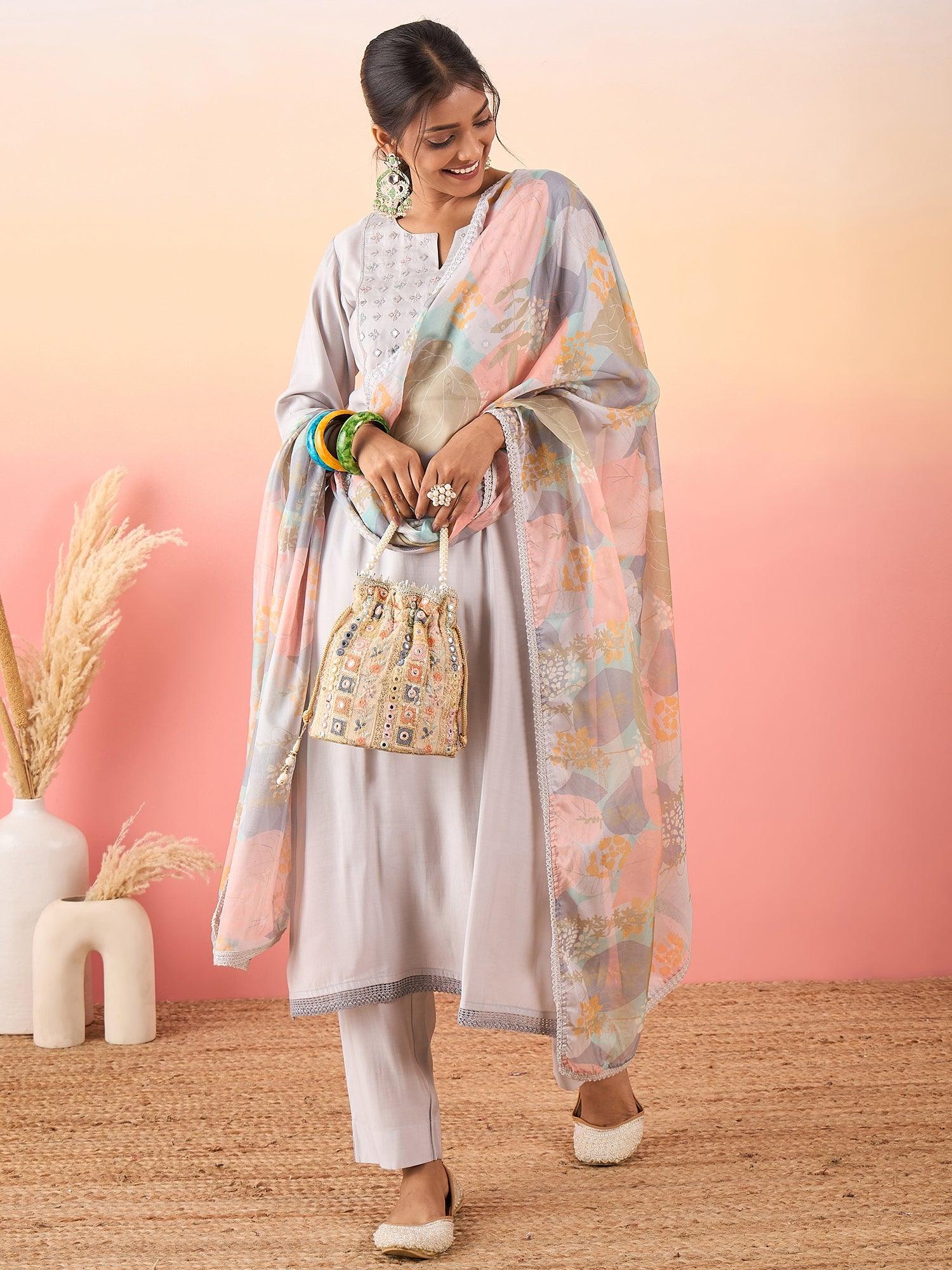 Women Embroidered Silk Blend A - Line Kurta With Pant & Printed Dupatta - madhunistore