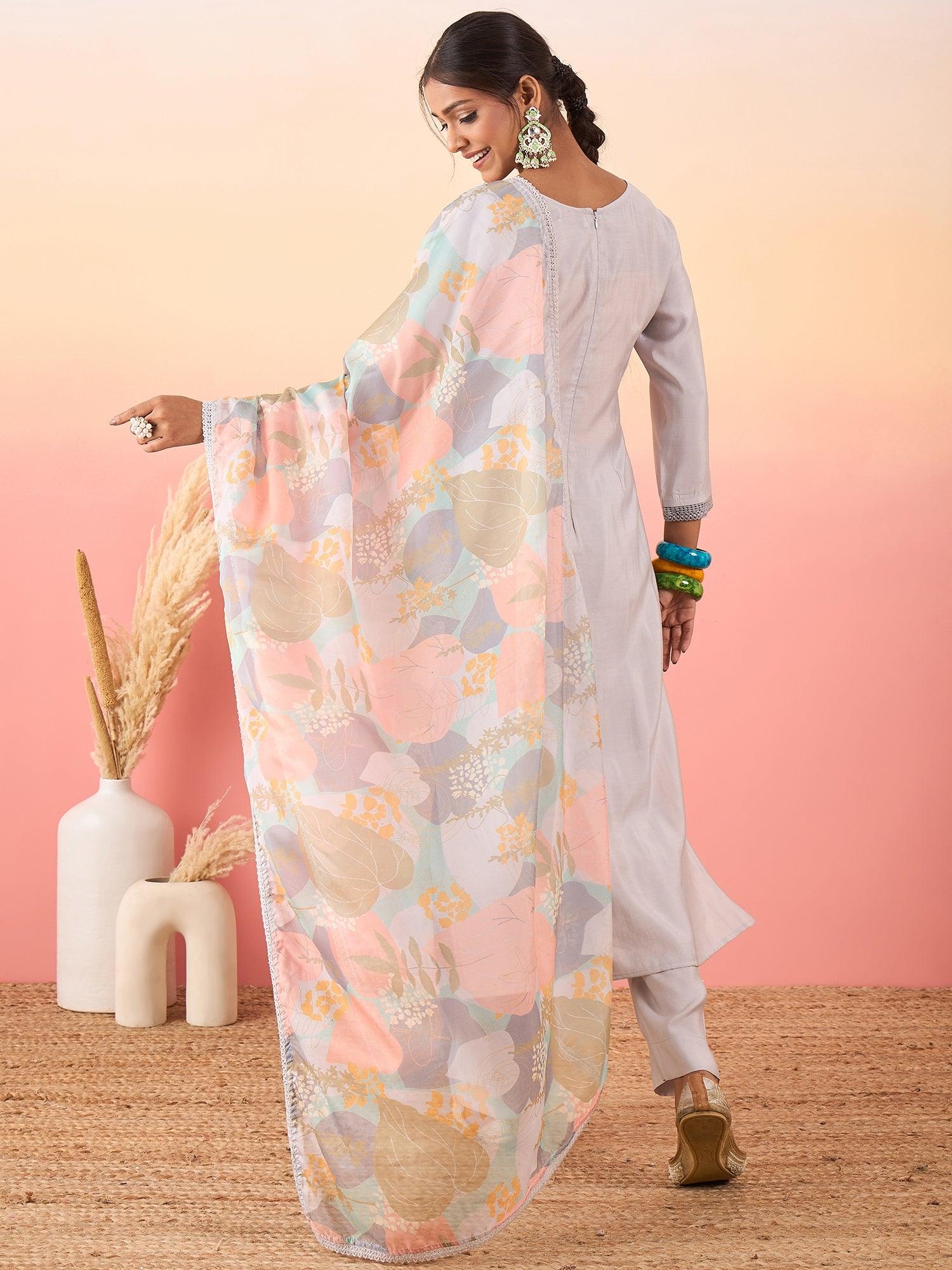 Women Embroidered Silk Blend A - Line Kurta With Pant & Printed Dupatta - madhunistore
