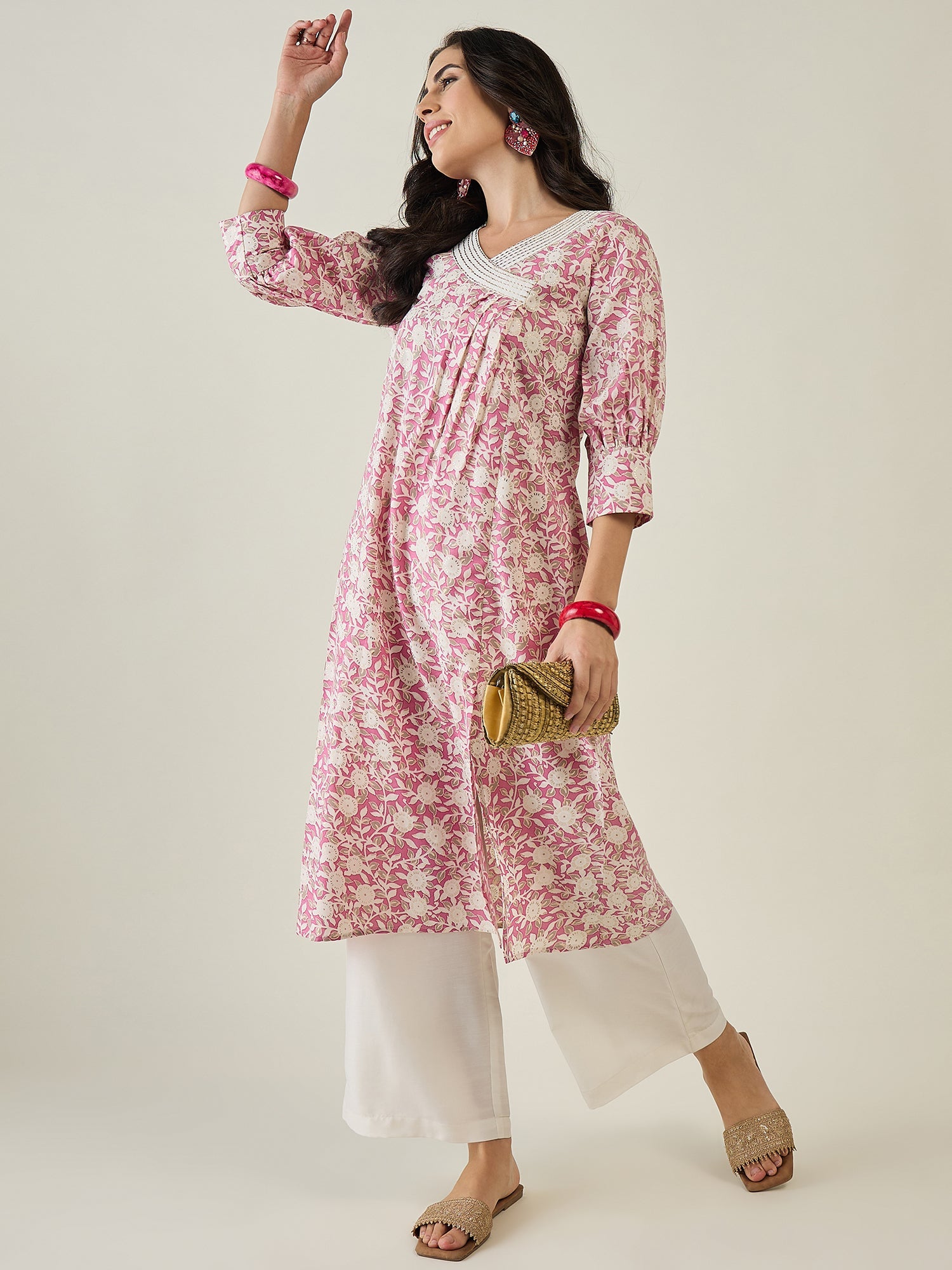 Women Floral Printed Angrakha Kurta with Palazzos - madhunistore