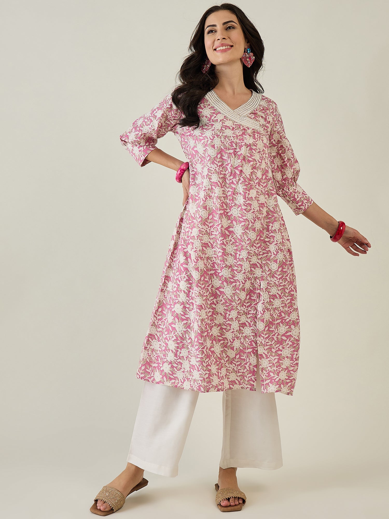 Women Floral Printed Angrakha Kurta with Palazzos - madhunistore