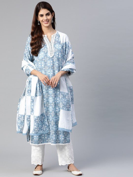 Women Floral Printed Pure Cotton Kurta With Palazzo With Dupatta - madhunistore