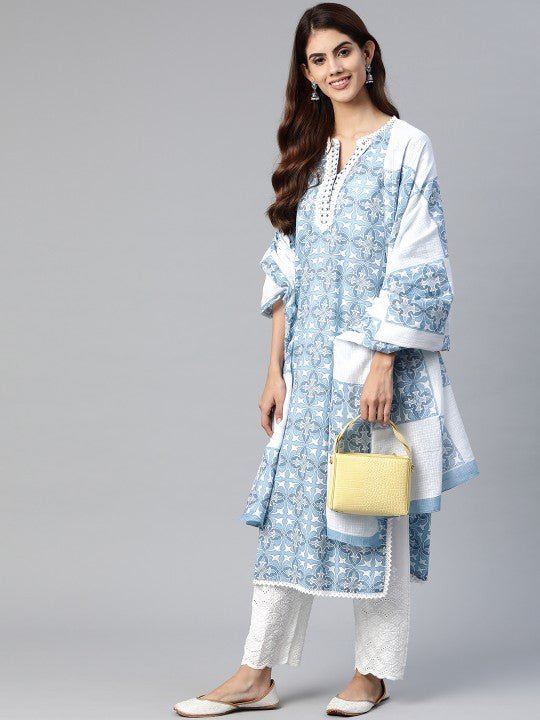 Women Floral Printed Pure Cotton Kurta With Palazzo With Dupatta - madhunistore