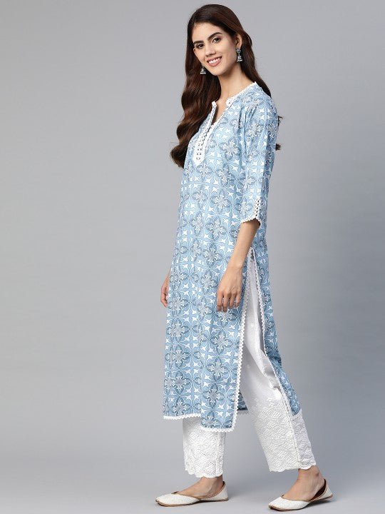 Women Floral Printed Pure Cotton Kurta With Palazzo With Dupatta - madhunistore
