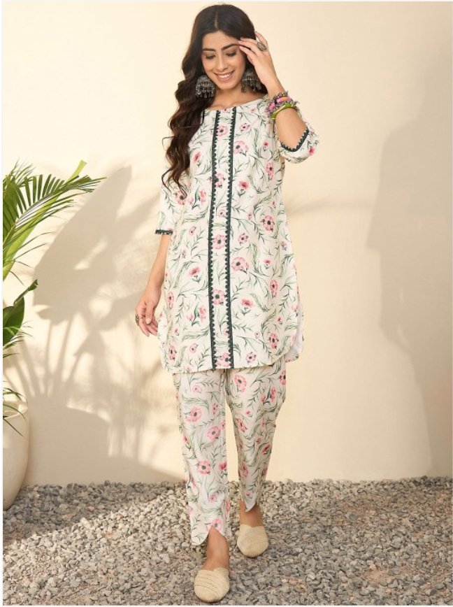 Women Floral Printed Regular Gotta Patti Kurta with Trousers - madhunistore