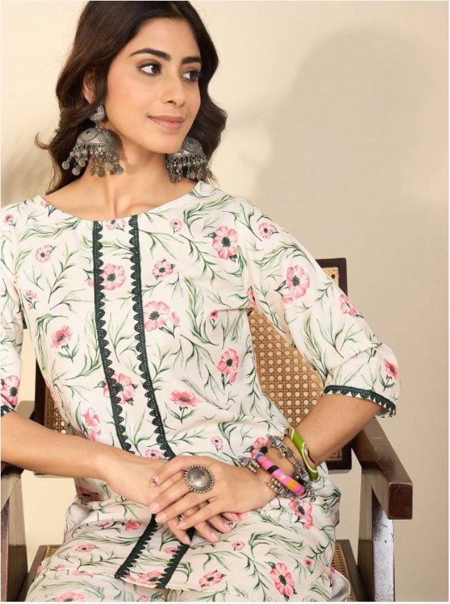 Women Floral Printed Regular Gotta Patti Kurta with Trousers - madhunistore
