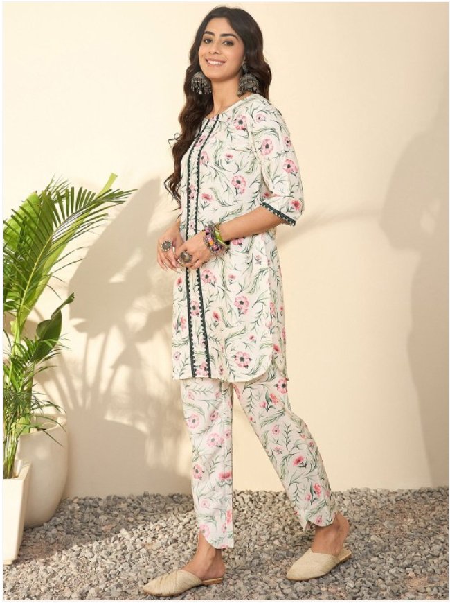 Women Floral Printed Regular Gotta Patti Kurta with Trousers - madhunistore