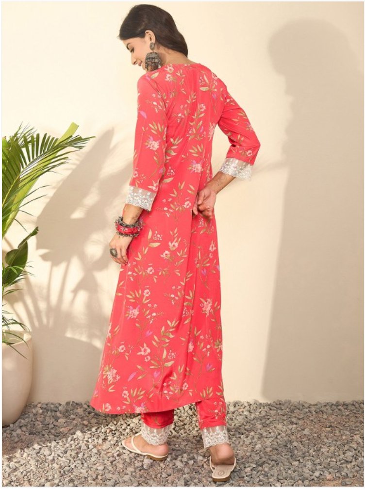 Women Floral Printed Regular Thread Work Kurta with Trousers - madhunistore