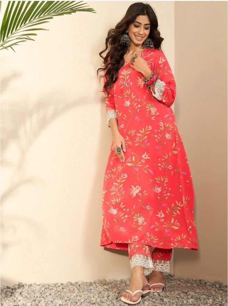 Women Floral Printed Regular Thread Work Kurta with Trousers - madhunistore
