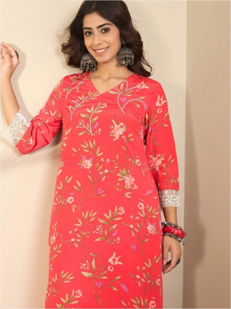 Women Floral Printed Regular Thread Work Kurta with Trousers - madhunistore
