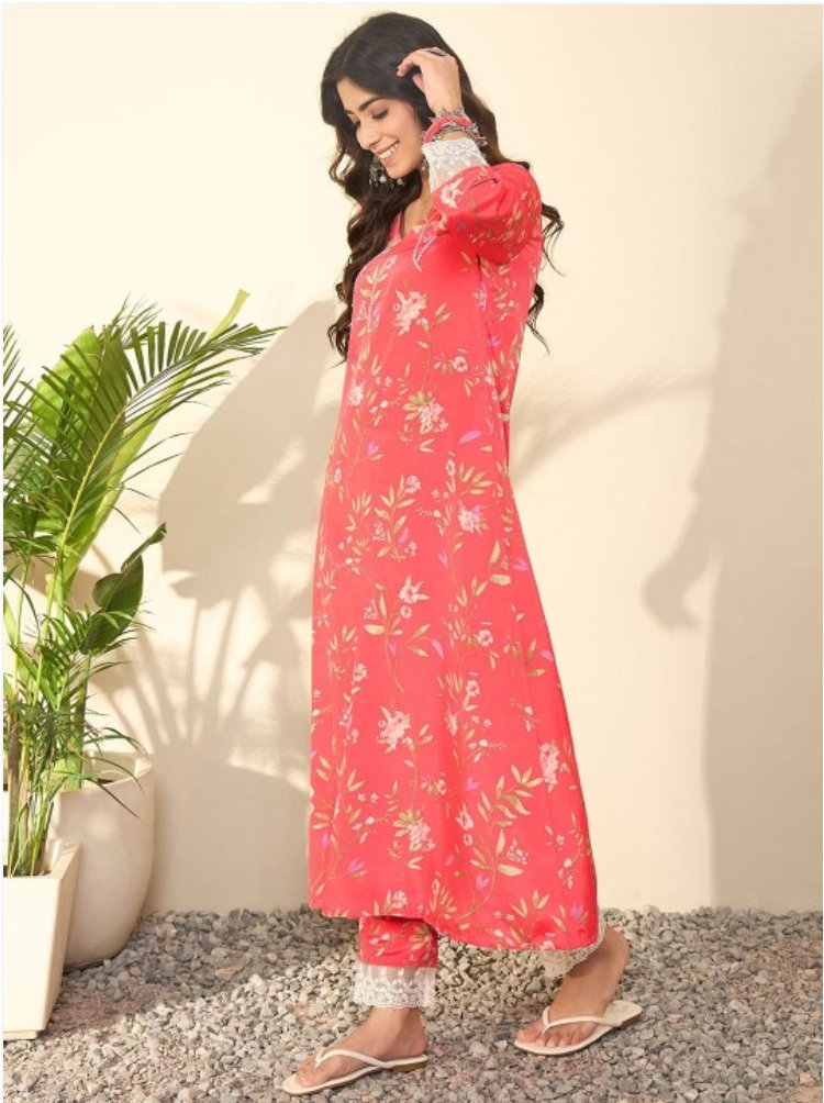 Women Floral Printed Regular Thread Work Kurta with Trousers - madhunistore