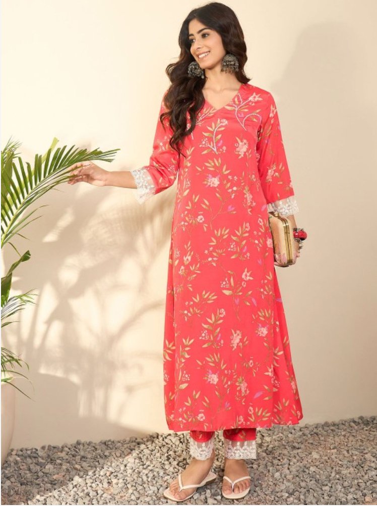 Women Floral Printed Regular Thread Work Kurta with Trousers - madhunistore