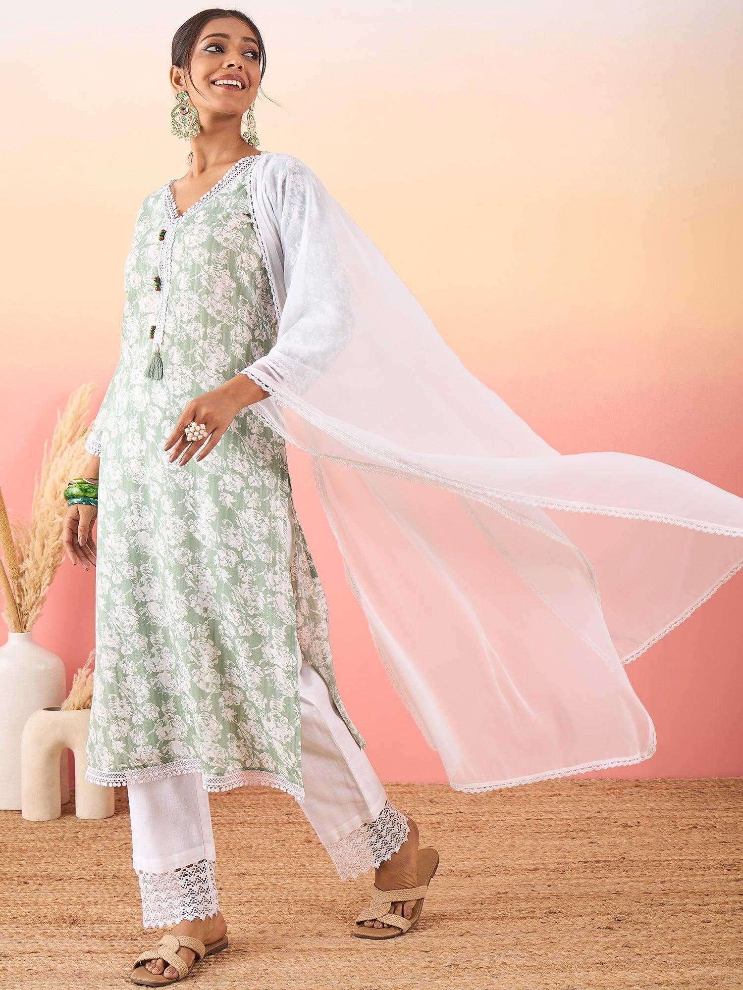 Women Floral Printed Straight Kurta With Trouser & Dupatta - madhunistore