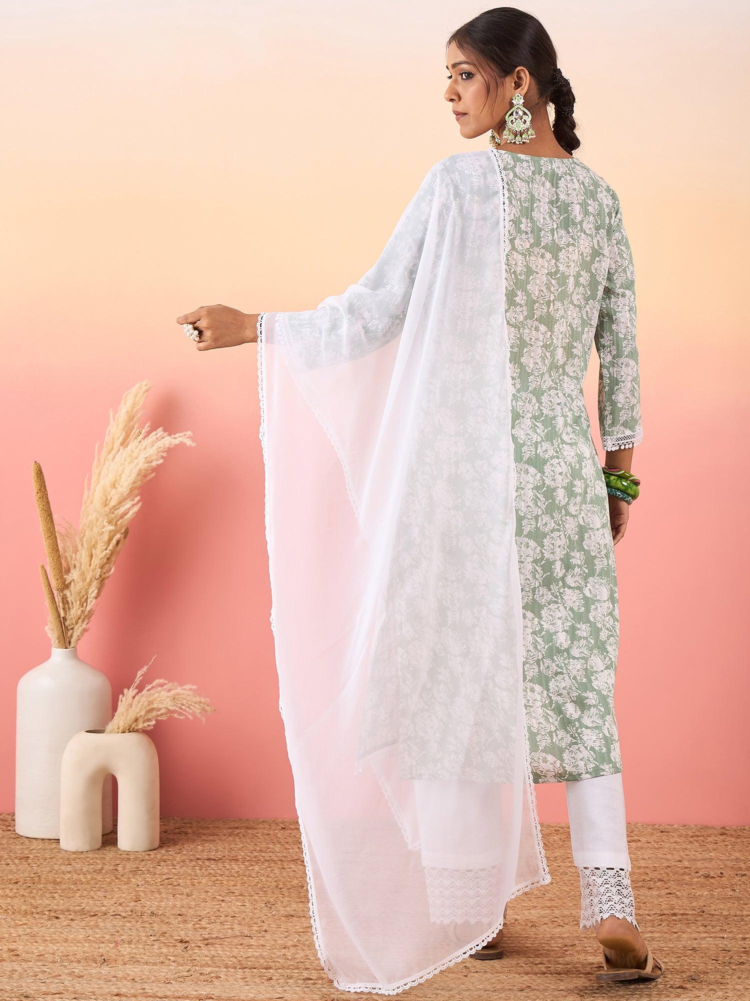 Women Floral Printed Straight Kurta With Trouser & Dupatta - madhunistore