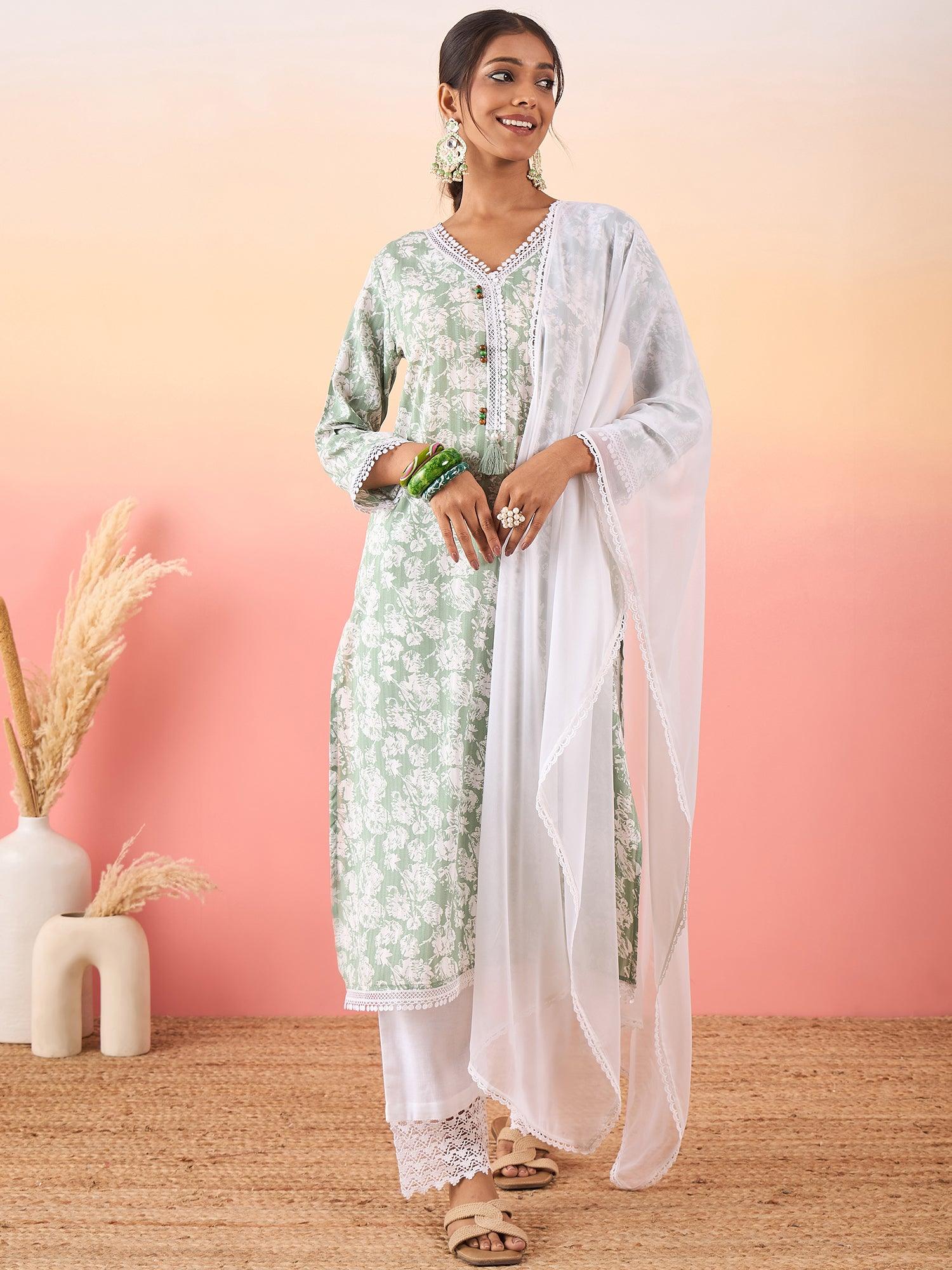 Women Floral Printed Straight Kurta With Trouser & Dupatta - madhunistore