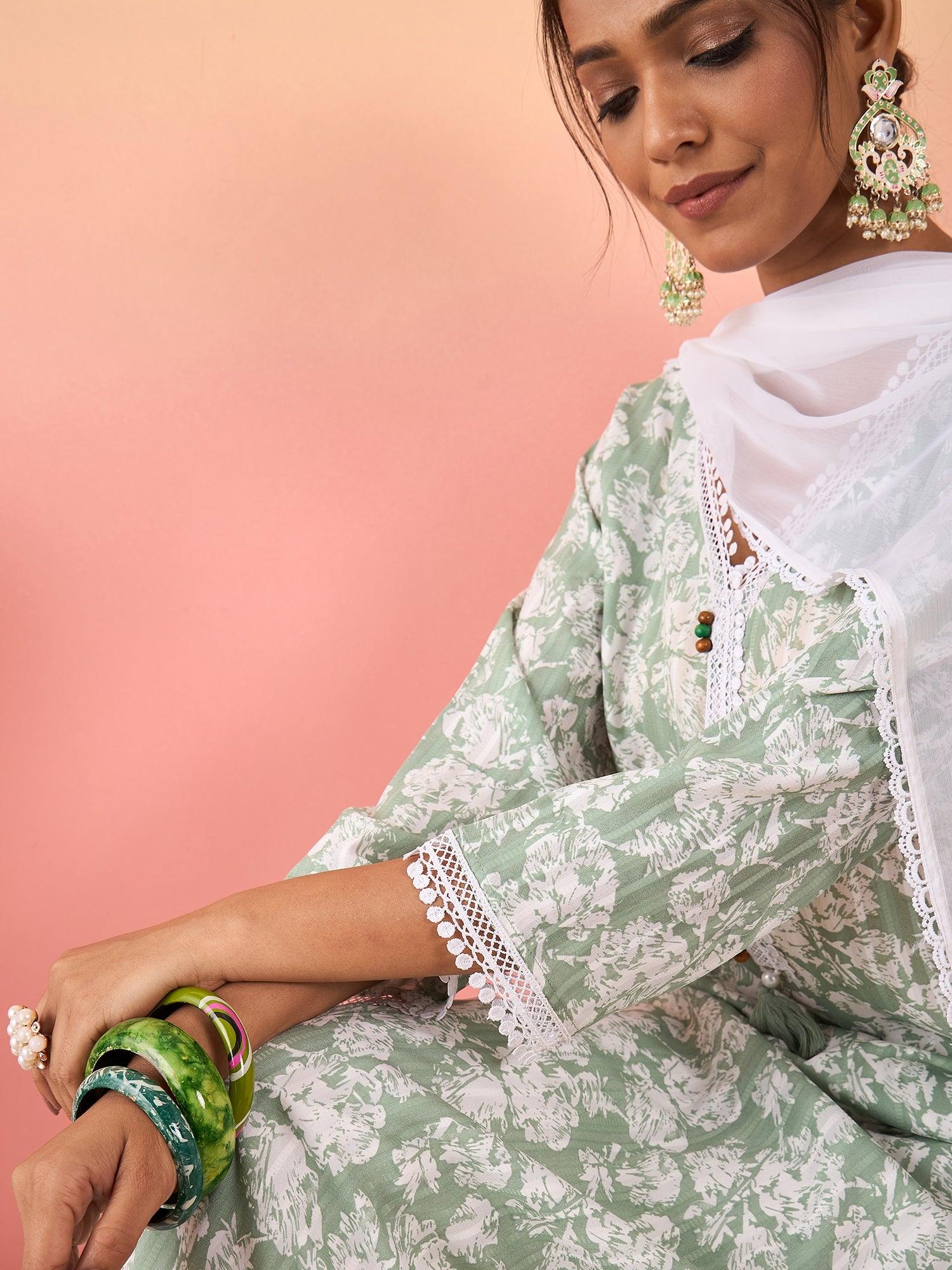 Women Floral Printed Straight Kurta With Trouser & Dupatta - madhunistore