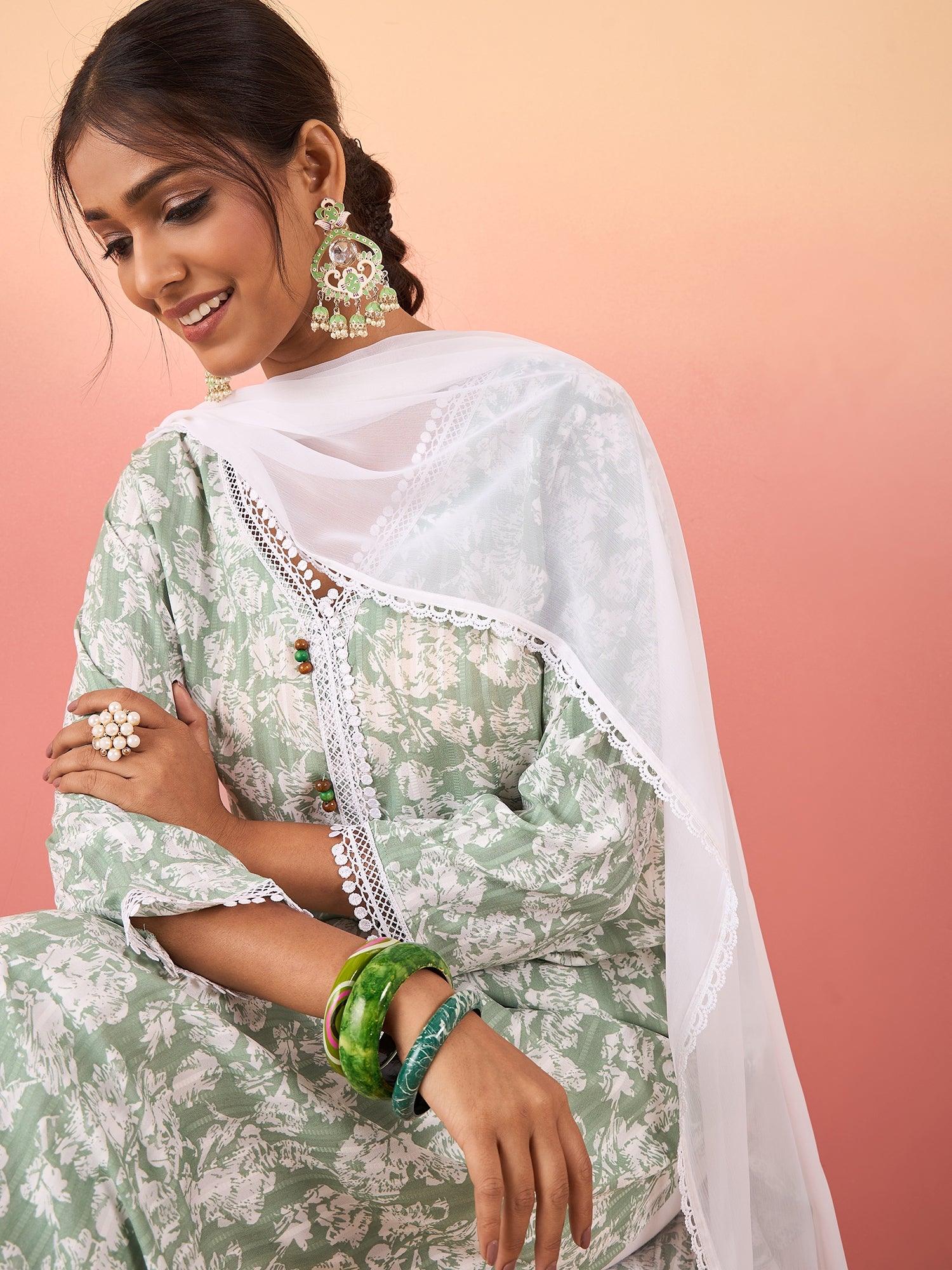 Women Floral Printed Straight Kurta With Trouser & Dupatta - madhunistore