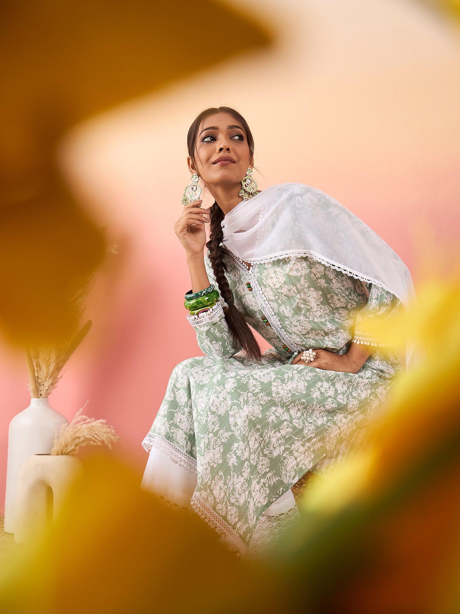 Women Floral Printed Straight Kurta With Trouser & Dupatta - madhunistore