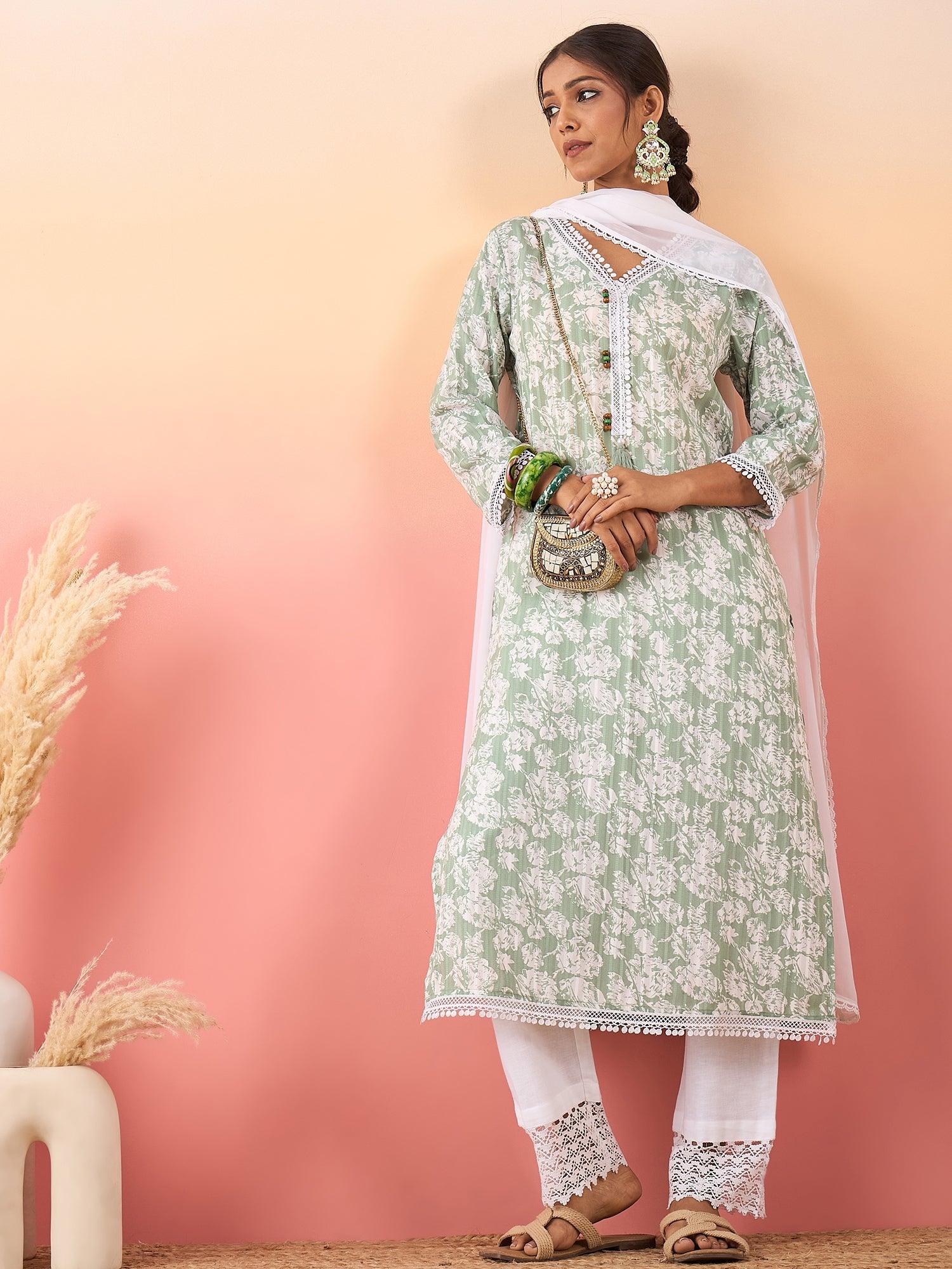 Women Floral Printed Straight Kurta With Trouser & Dupatta - madhunistore