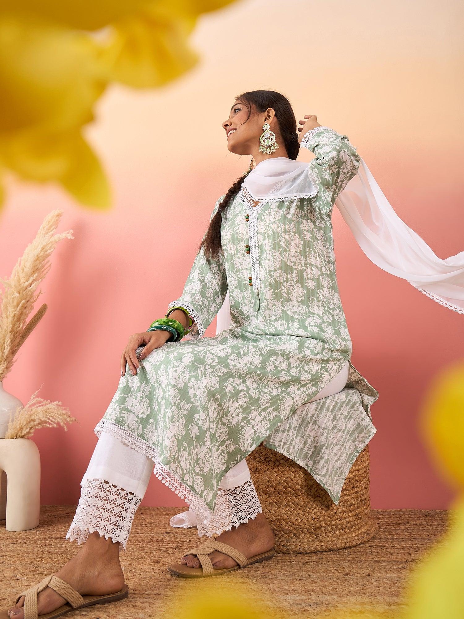 Women Floral Printed Straight Kurta With Trouser & Dupatta - madhunistore