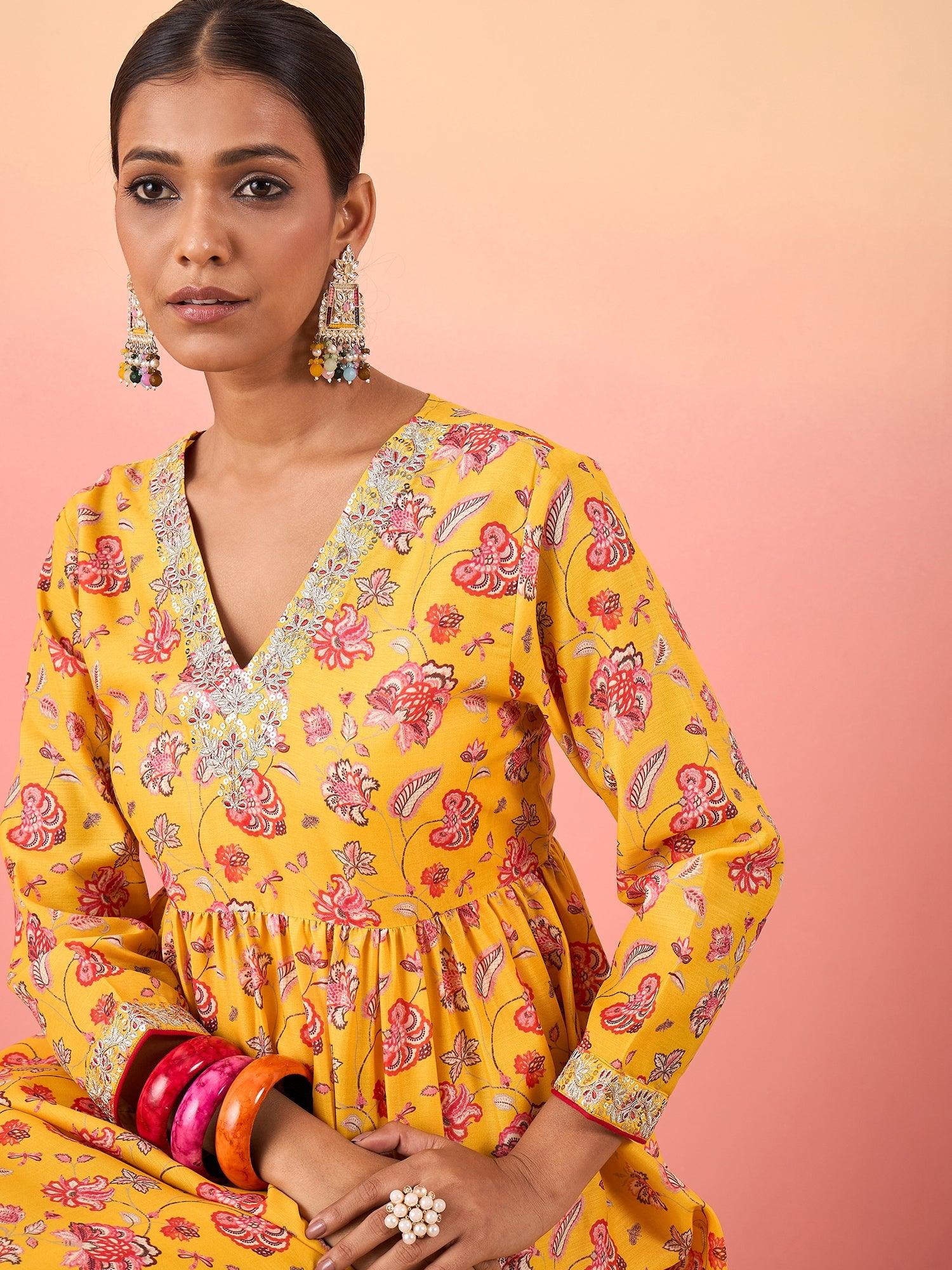 Women Floral Printed V - Neck Anakali Shape Kurta With Pant - madhunistore