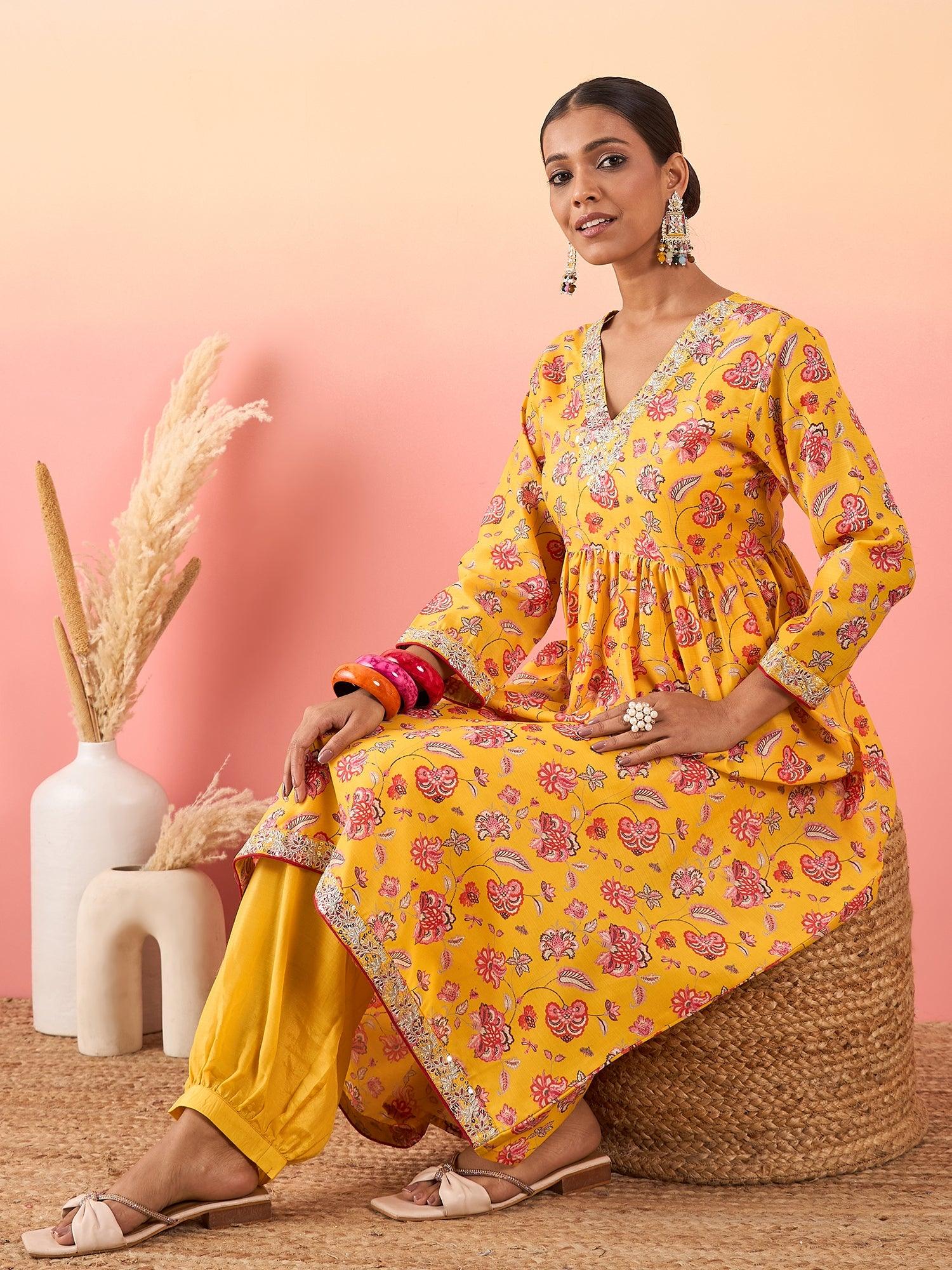 Women Floral Printed V - Neck Anakali Shape Kurta With Pant - madhunistore